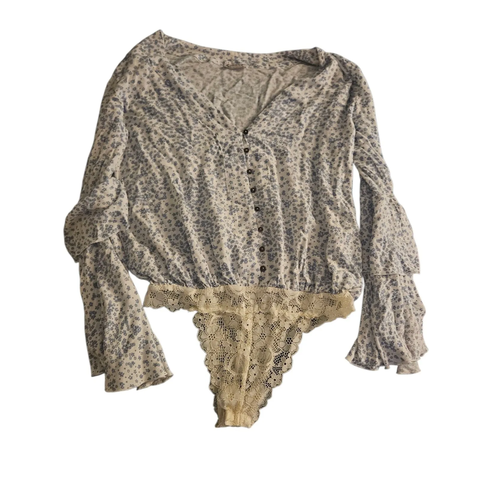 Free People Intimately Floral Print Lace Trim Bell Sleeve Bodysuit NWOT‎ - Image 2