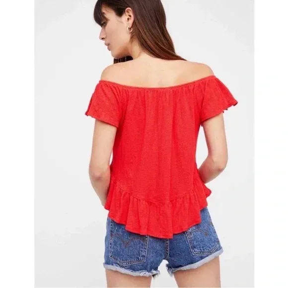 / We The Free Mint Julep Off Shoulder Peasant Top in Cherry Red - Image 2