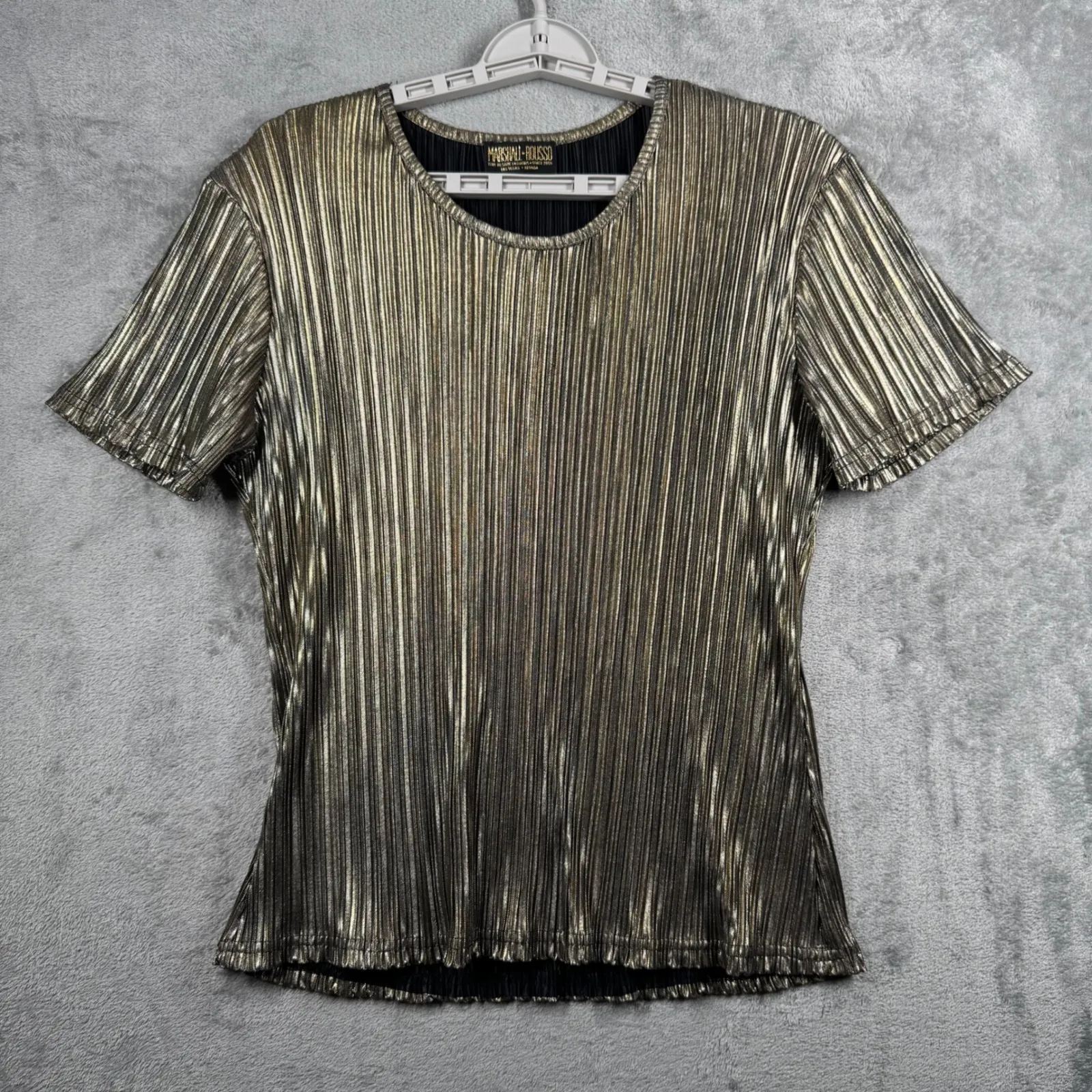 Marshall Rousso Blouse M Gold Plissé Pleated Metallic Disco Glam Party Y2K Chic Size M - Image 2