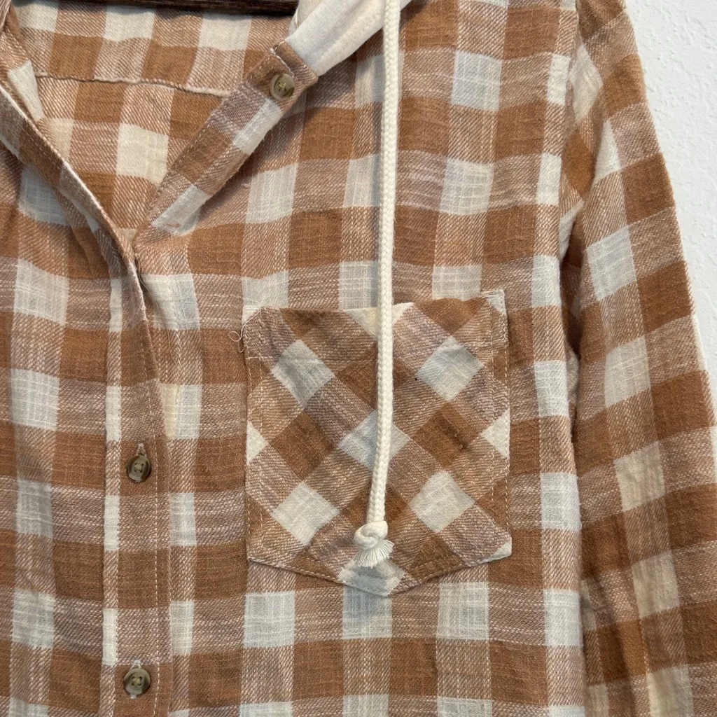 Time And Tru Tan Plaid Hooded Flannel Button Down Shirt L Soft Casual Fall Top - Image 3