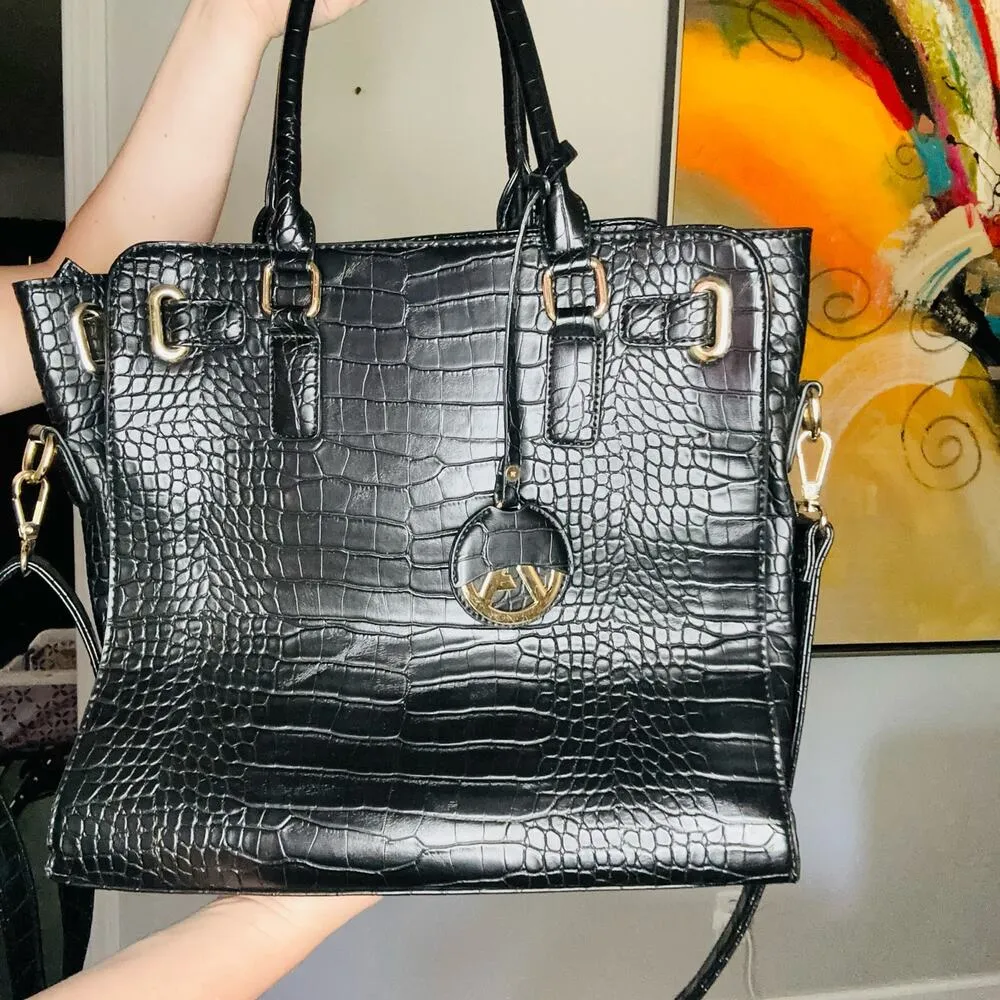 Unbranded Black Crocodile Patterned Genuine Leather Shoulder Straps Tote Bag - Image 2
