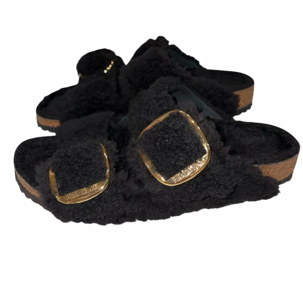 Birkenstock Arizona Black Plush Fuzzy Big Buckle Sandals Slides 41 10 Narrow - Image 5