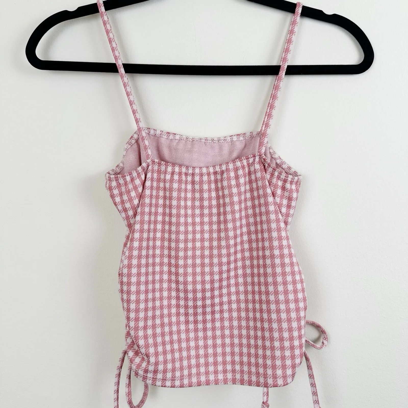 Brit & Bri Junior's Crop Tank Top Ruched Sides w/Ties Sz S Pink White Checkered - Image 4