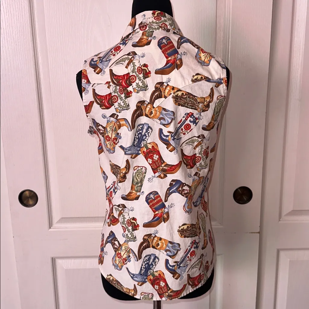 PANHANDLE SLIM COWBOY BOOT PRINT SLEEVELESS PEARL SNAP Size M - Image 3