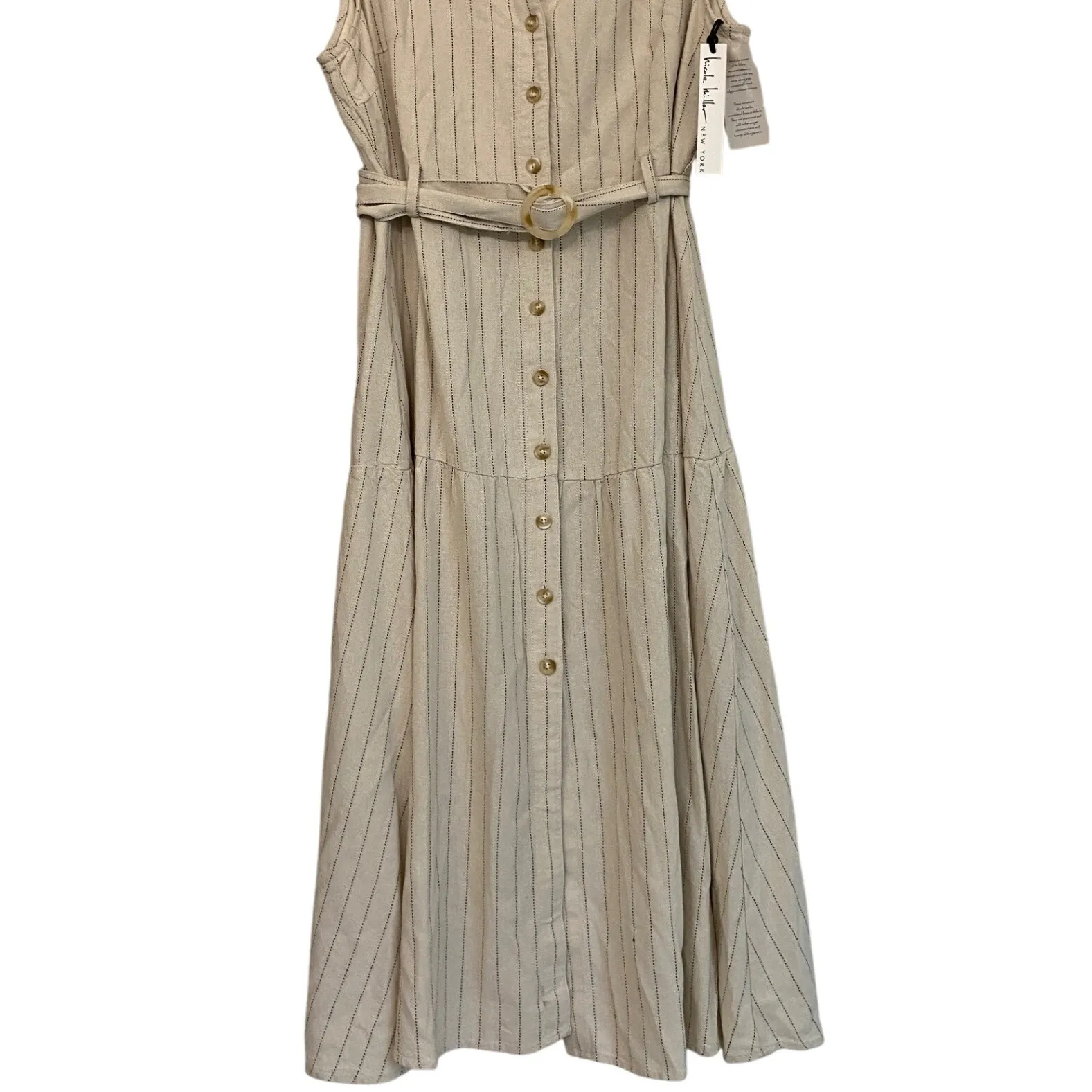 Nicole Miller Linen Striped Sleeveless Belted Midi Shirt Dress Womens 16 NWT - Image 13