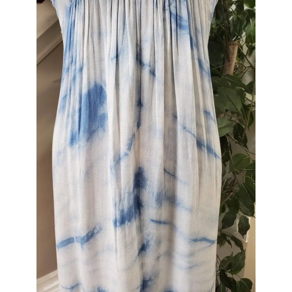 Raviya Womens White Blue Tie Dye 100% Rayon V Neck Sleeveless Maxi Dress Small - Image 3