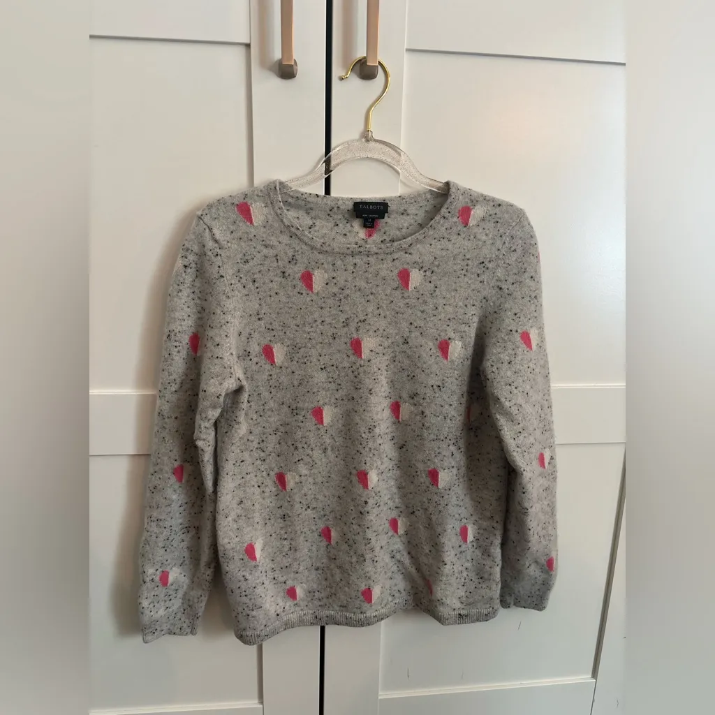 Talbots Medium Gray 100% Cashmere Pink Heart Print Crewneck Sweater Speckled - Image 2