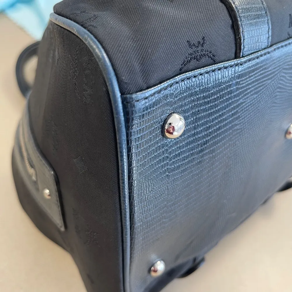 MCM Navy Leather and Black Canvas Boston Handbag w/ Silver Hardware - Preloved - Image 12