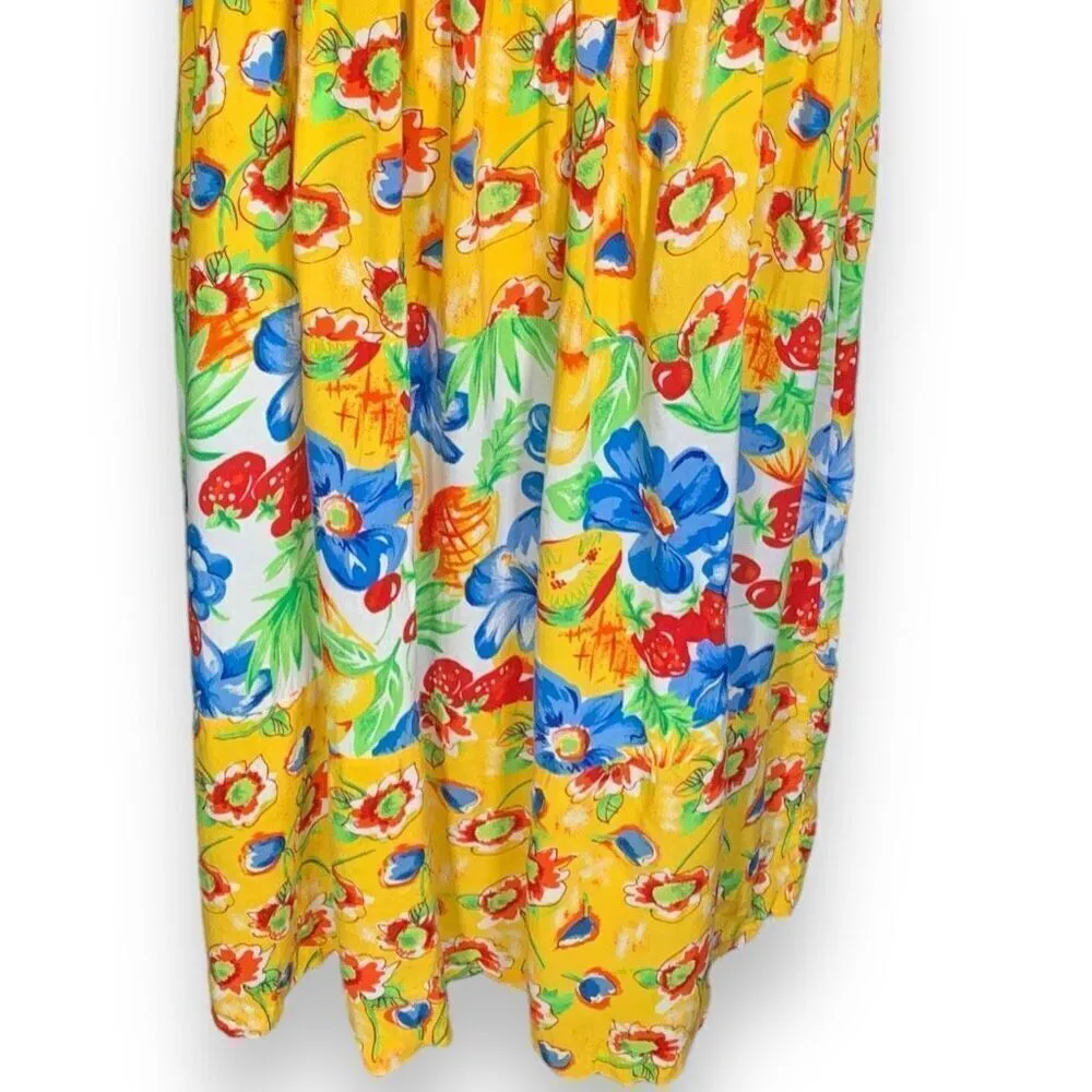 Vintage 90s Maxi Dress Yellow Tropical Fruit Floral Print Babydoll Short Sleeve Size L - Image 3