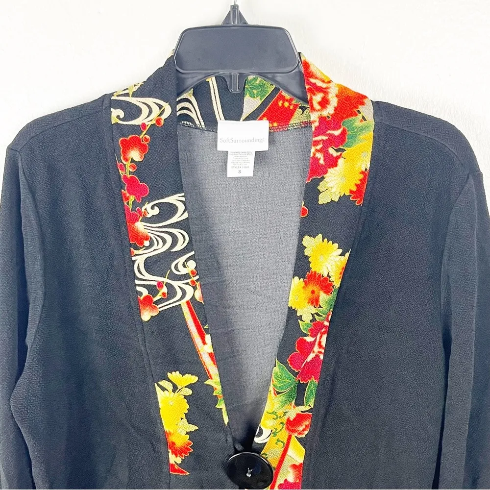 SOFT SURROUNDINGS Black Floral Trim One Button Cardigan, Size Small - Image 8