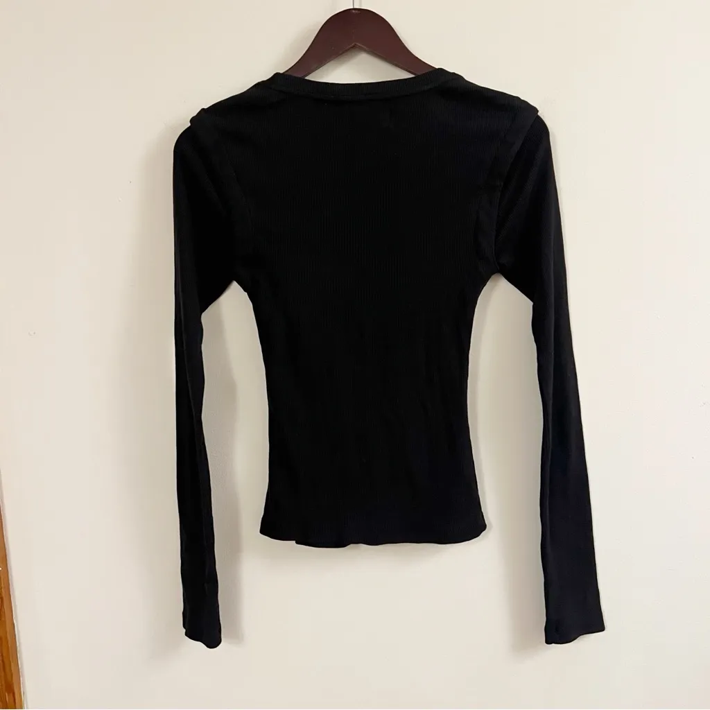 Anthropologie Maeve Black Ribbed Long Sleeve Top Ruched Layered Shoulder XS - Image 8