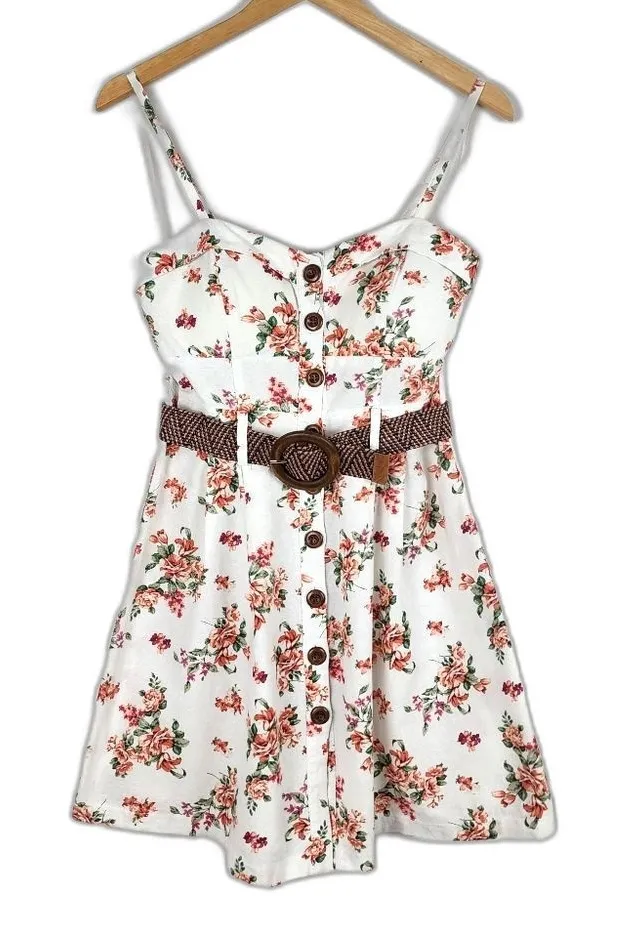 Mind Code Cotton Mini Dress Floral Cream Belted Wooden Button Size M Orange Size M - Image 1