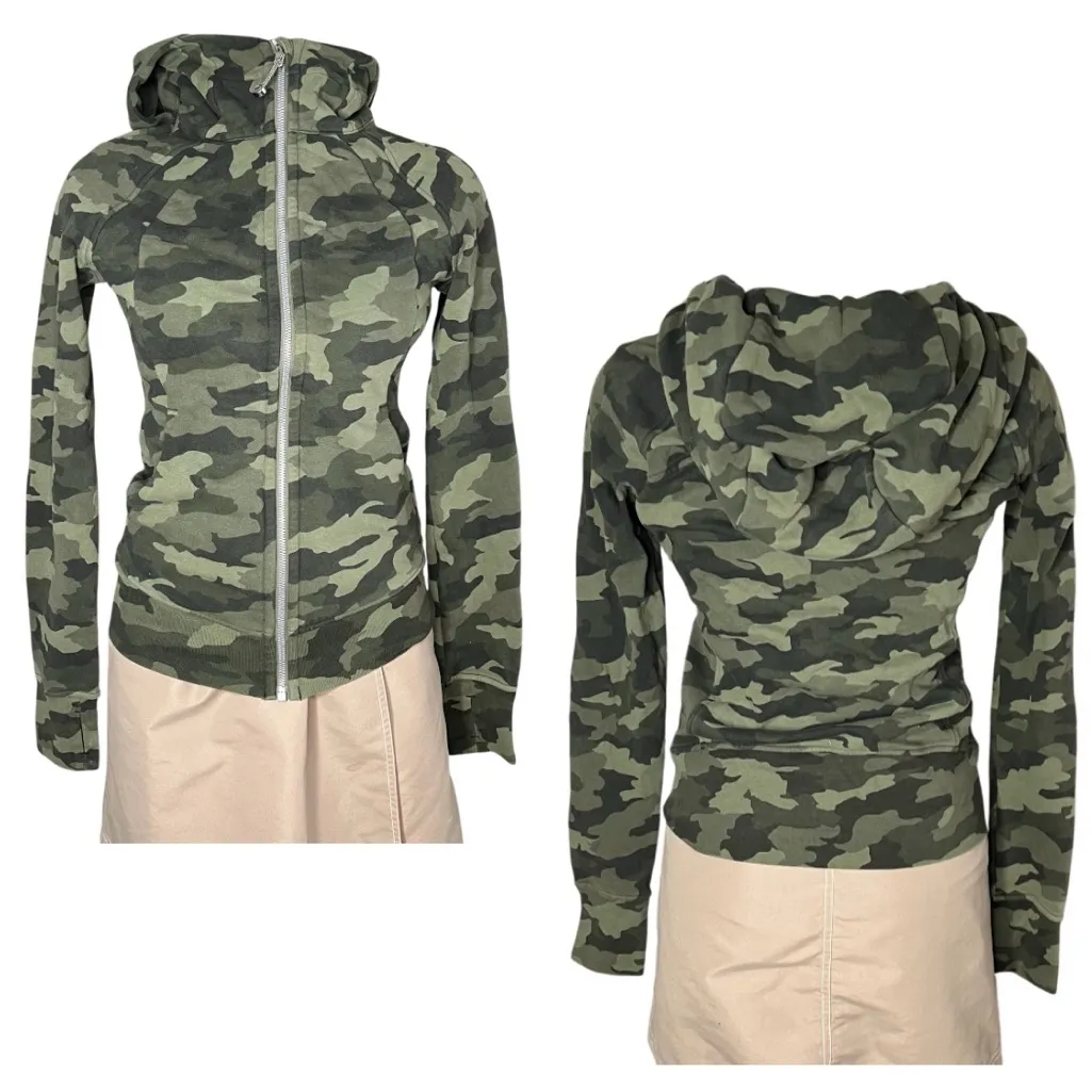 LULULEMON Camo Green Hoodie Scuba Heritage 365 Twill Multi Zipper Front Size 4 - Image 12