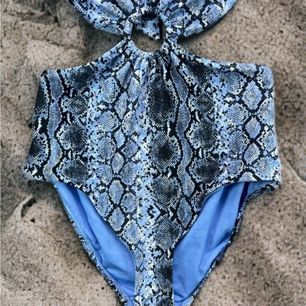 Bar Ill Women's Blue Python printed monokini one piece swimsuit Large NWT. - Image 6