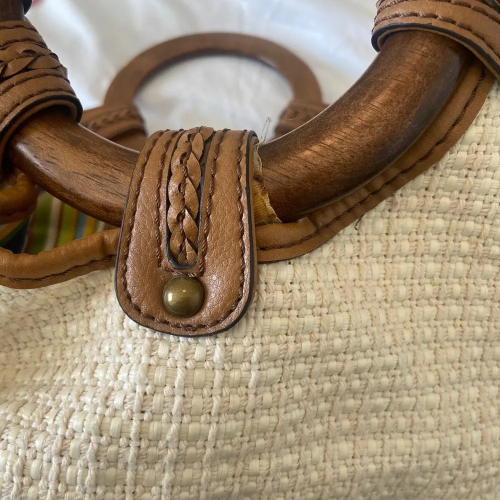 Fossil Tan Tweed Straw Summer Shoulder Bag Wooden Handle - Image 7