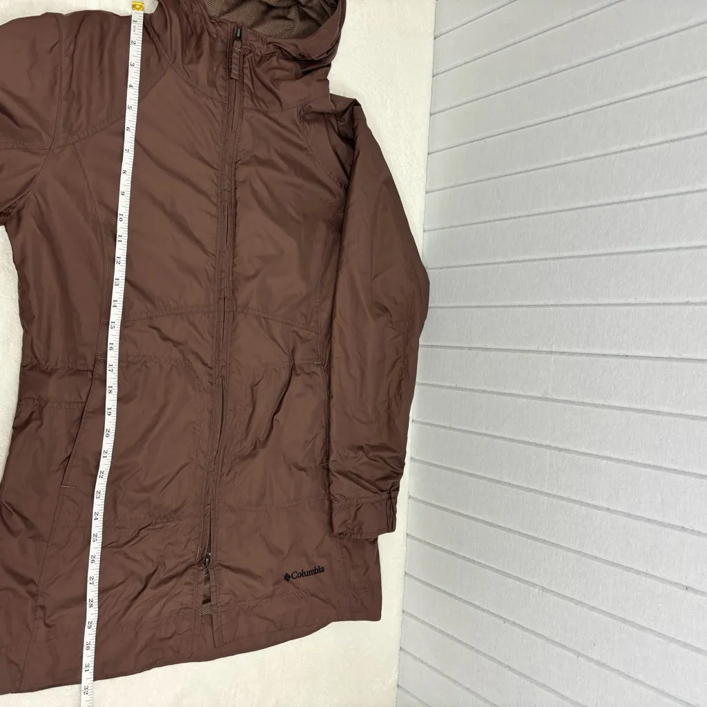COLUMBIA Lightweight Rain windbreaker Brown jacket coat hood & pockets Size M - Image 11