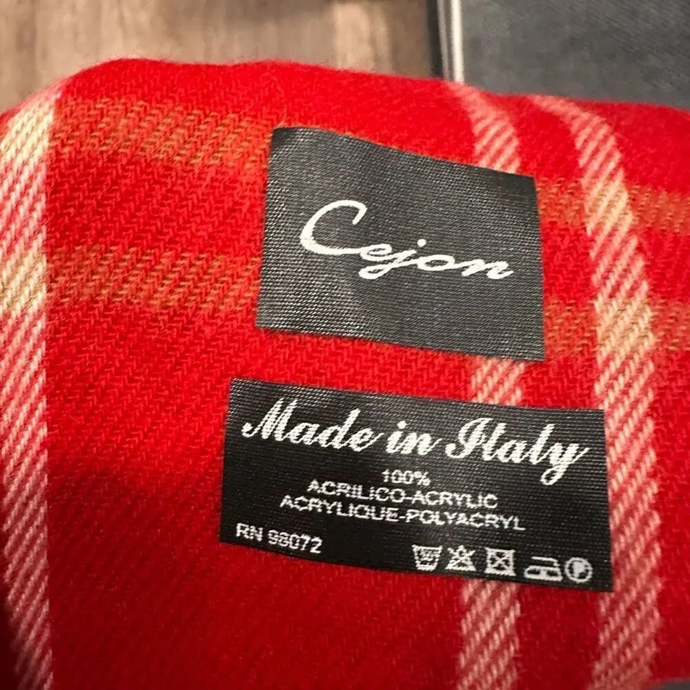 CEJON for Macy’s Red Classic Plaid Woven Scarf Soft Italian Acrylic Fringe Winte Red - Image 4