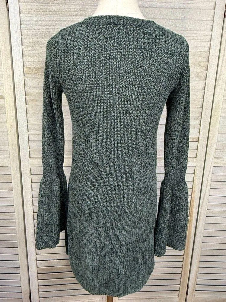 EXPRESS Chenille V Neck Sweater Dress with Bell Sleeves Evergreen-XS - Image 3