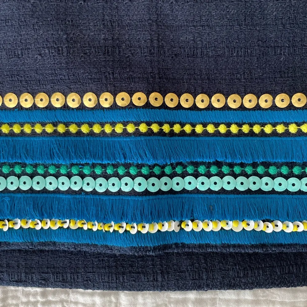 TALBOTS Tweed Knit Embroidered Sequin Fringe Pencil Skirt Navy Blue Size 10 - Image 6