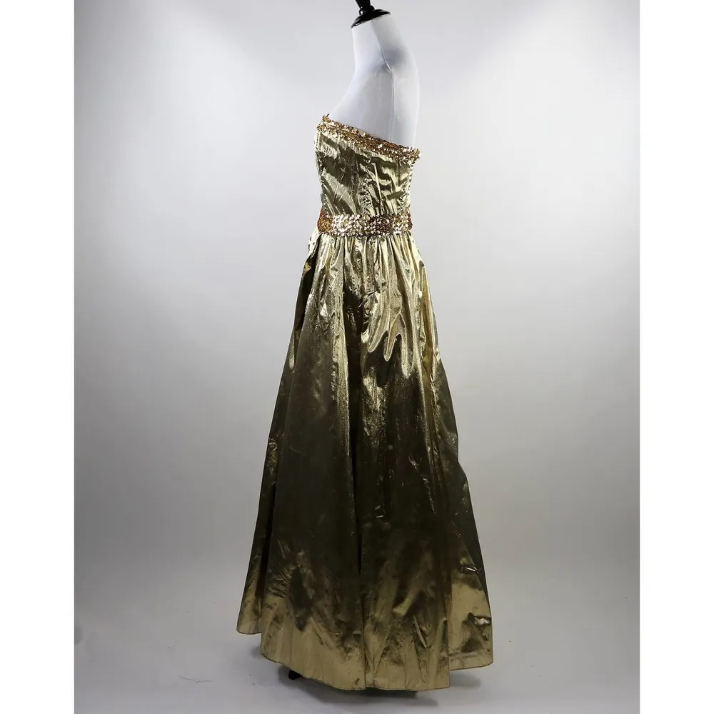 1980s XS Metallic Gold Strapless Gunne Sax Dress with Gold Sequin Belt - Image 6