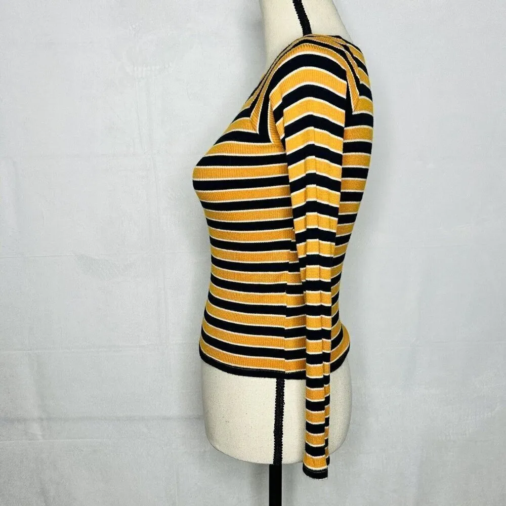 Forever 21 Long-Sleeve Ribbed Shirt Womens Size S Gold Navy Striped Rayon Blend - Image 5