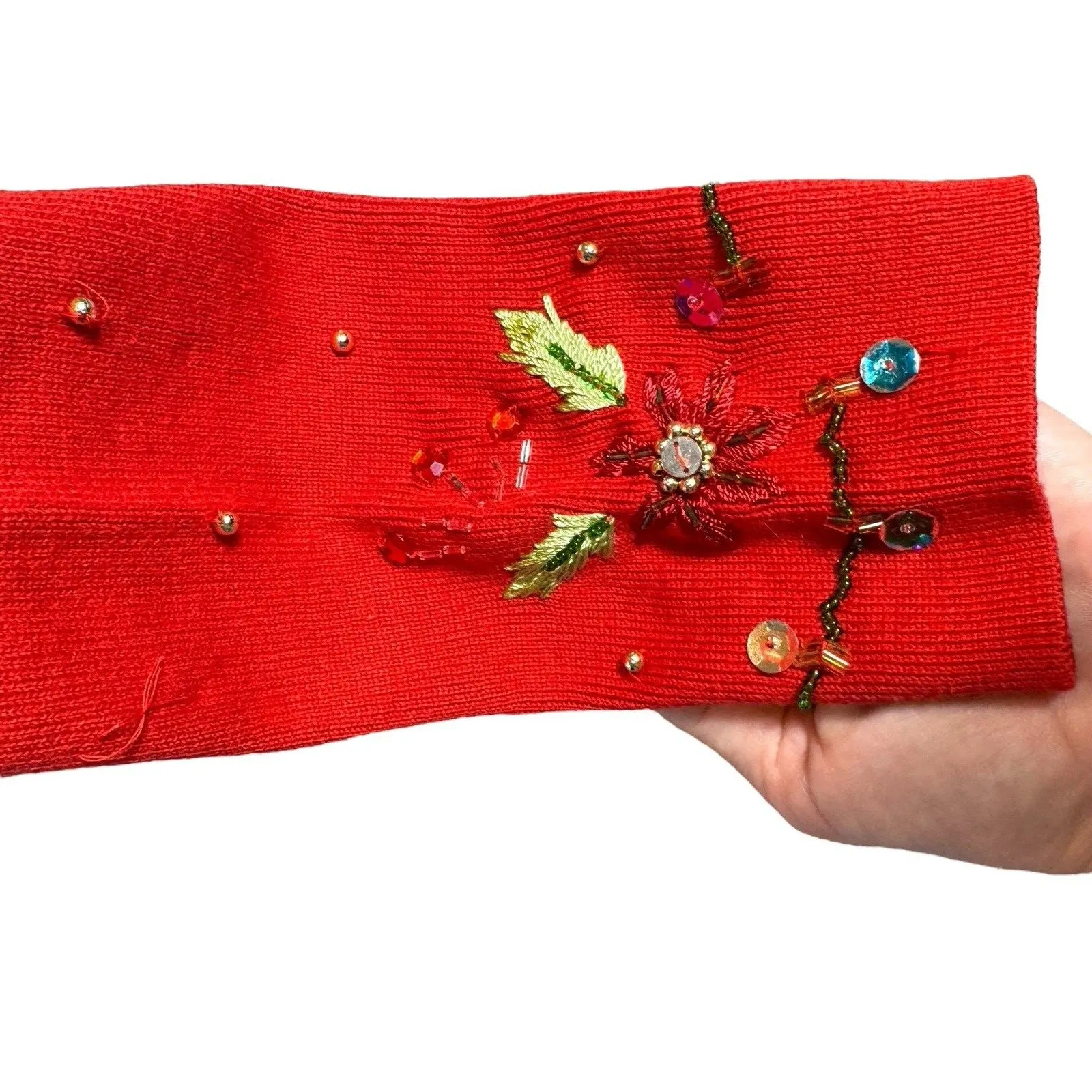 KIKIT Christmas Cardigan Size M Red Beaded Sequins Flower Martini Snowman Lights Size M - Image 10