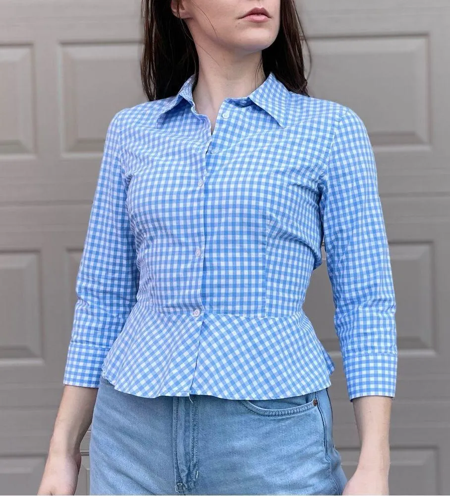 Lauren Ralph Lauren Spring Gingham Peplum Button Down Blouse Shirt 10P White - Image 3