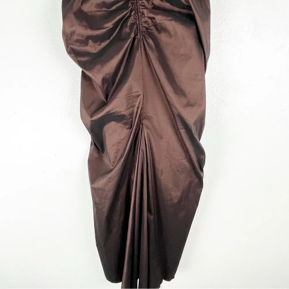 TADASHI SHOJI Brown Ruched Sequin Puffer Sleeves Deep V-Neck Maxi Dress Size 14 - Image 11