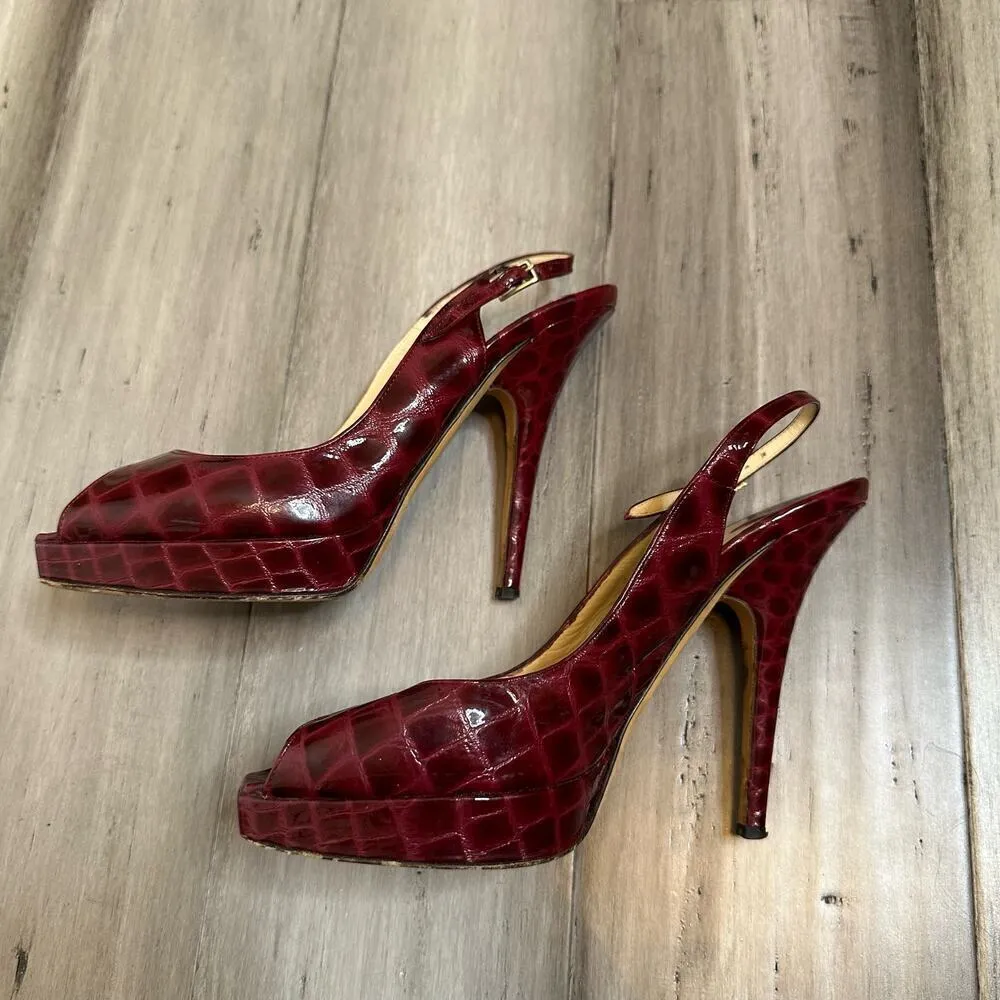 Jimmy Choo Patent Snake Embossed Peep Toe Heels Women's Sling Back Red Size 37 - Image 3