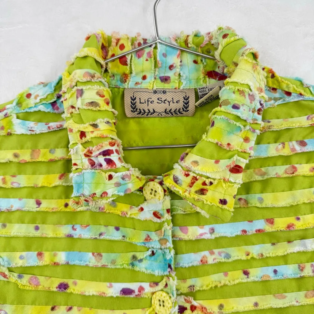 Life Style Raw Ribbon Ruffle Green & Pastel Shirt Button Front Fringe Colorful L Size L - Image 3