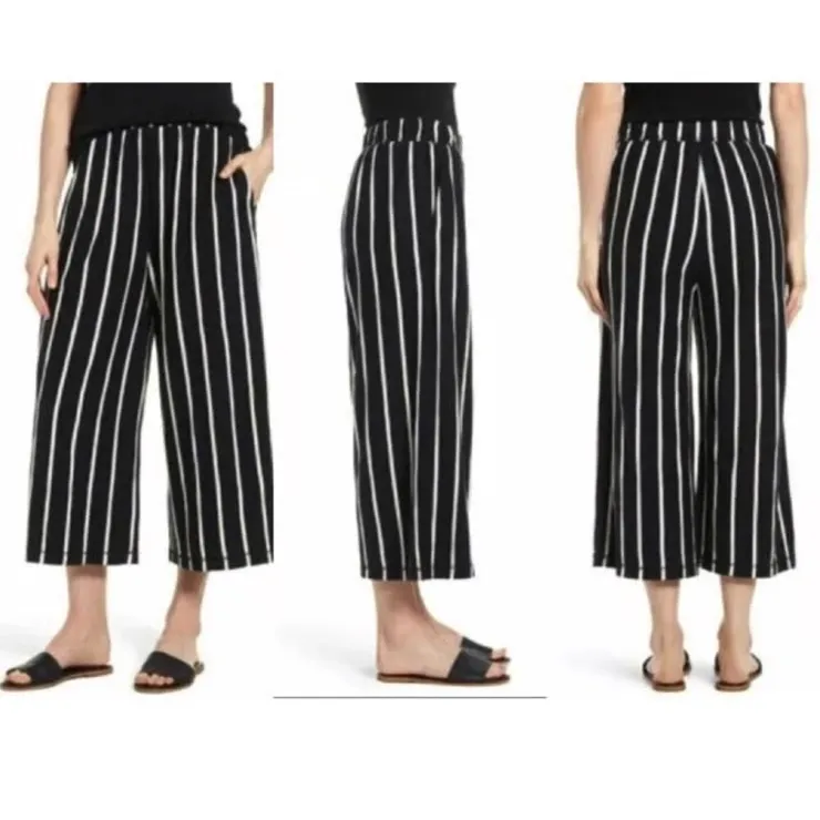 Eileen Fisher  Large Black White Stripe Jersey Pull On Cropped‎ Wide Leg Pants - Image 2