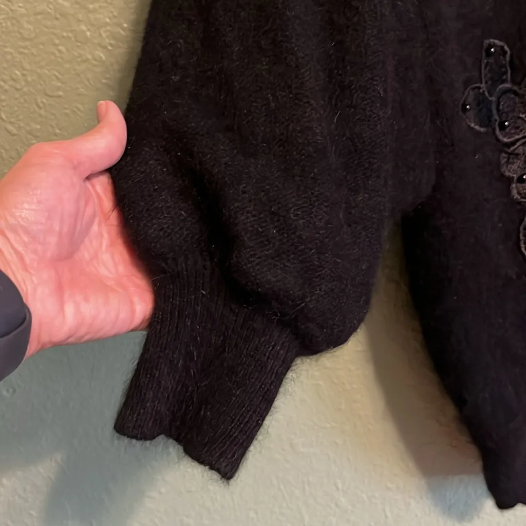 Vintage FA fashion korea cardigan Sweater Angora with Embroidered floral Details Black Size XL - Image 5