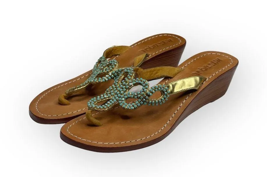 Mystique ☀︎︎ Harmony Turquoise Crystal Bead Wedge Thong Bali Sandals ☀︎︎ Gold 7M - Image 8