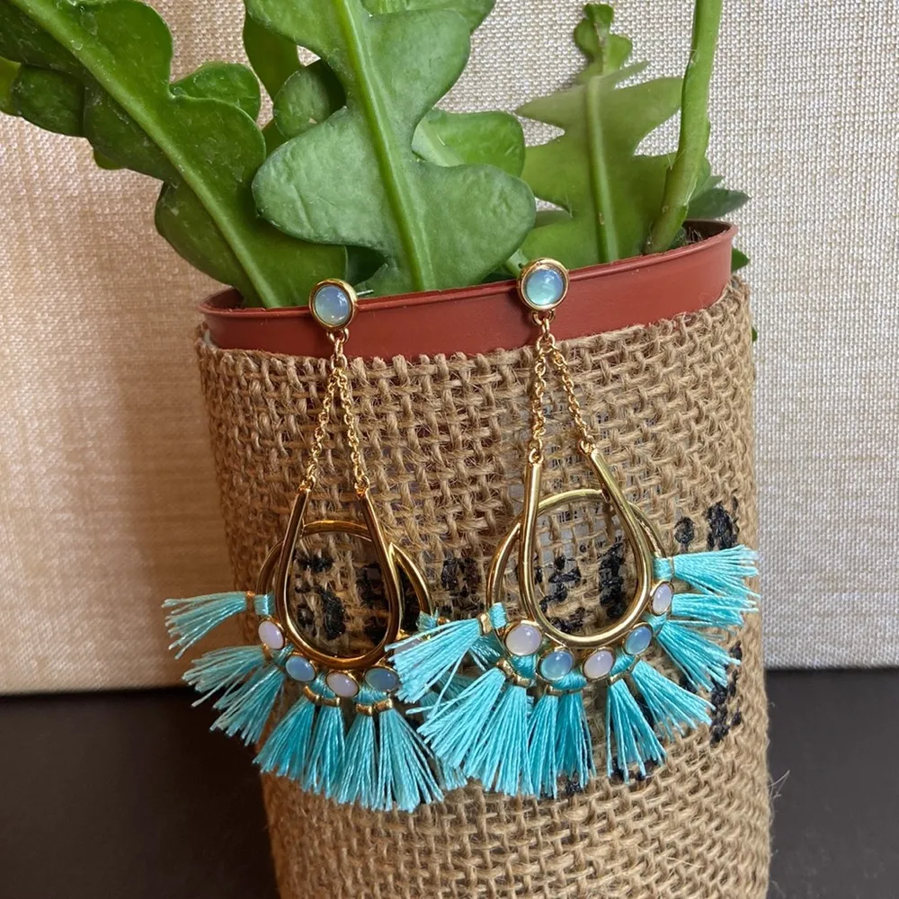 NEW! REBECCA MINKOFF BOHO Gold & Turquoise Fringe Tassel Dangle Earrings - Image 2