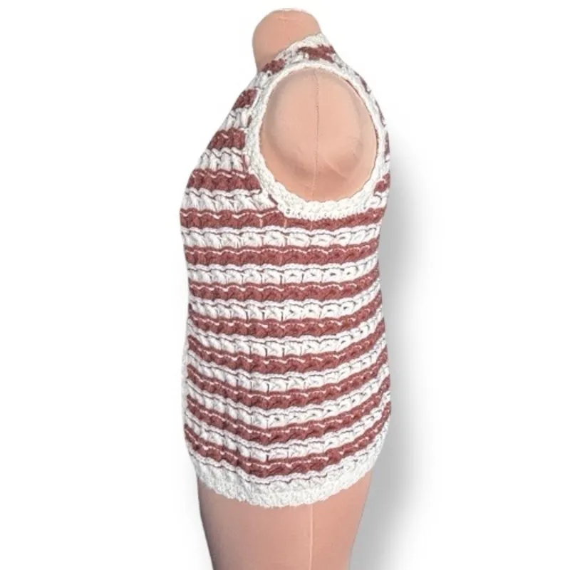 Vintage Handmade Crochet Vest Brown Cream Striped Chunky Knit Boho Layer Cozy Size M - Image 3