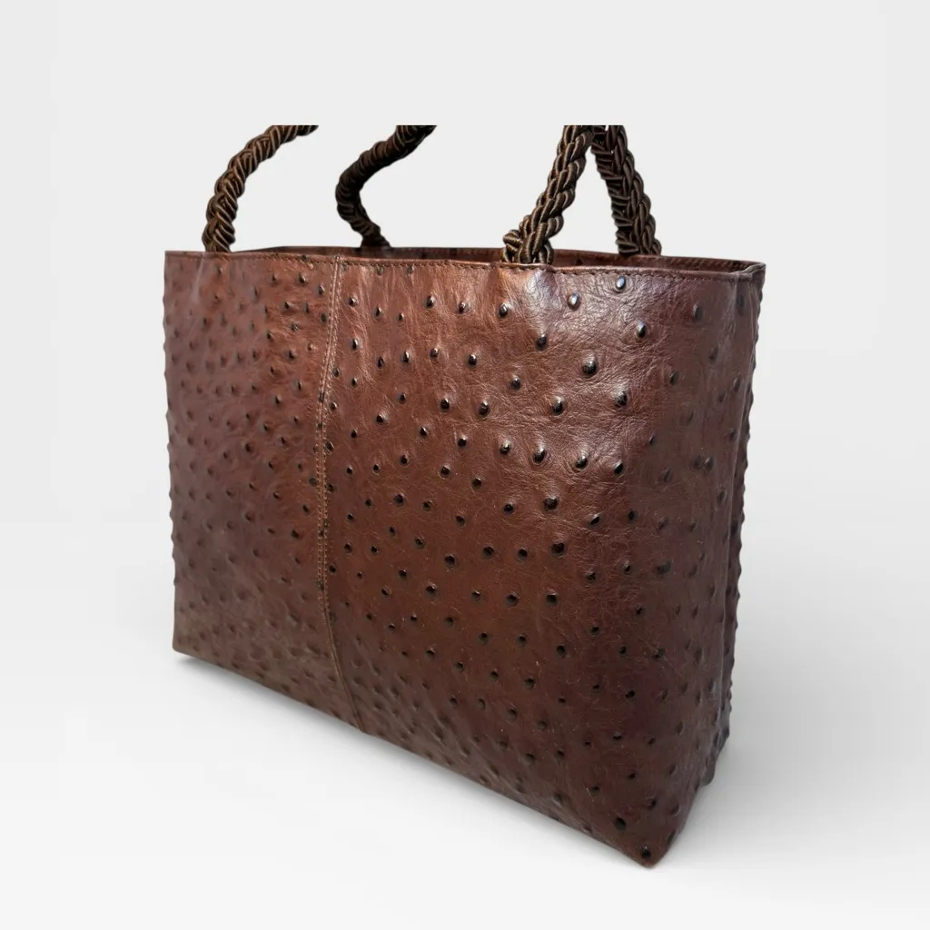 Falor Le Borse Genuine Leather Ostrich Brown Bag Braided Strap Made in Italy - Image 3