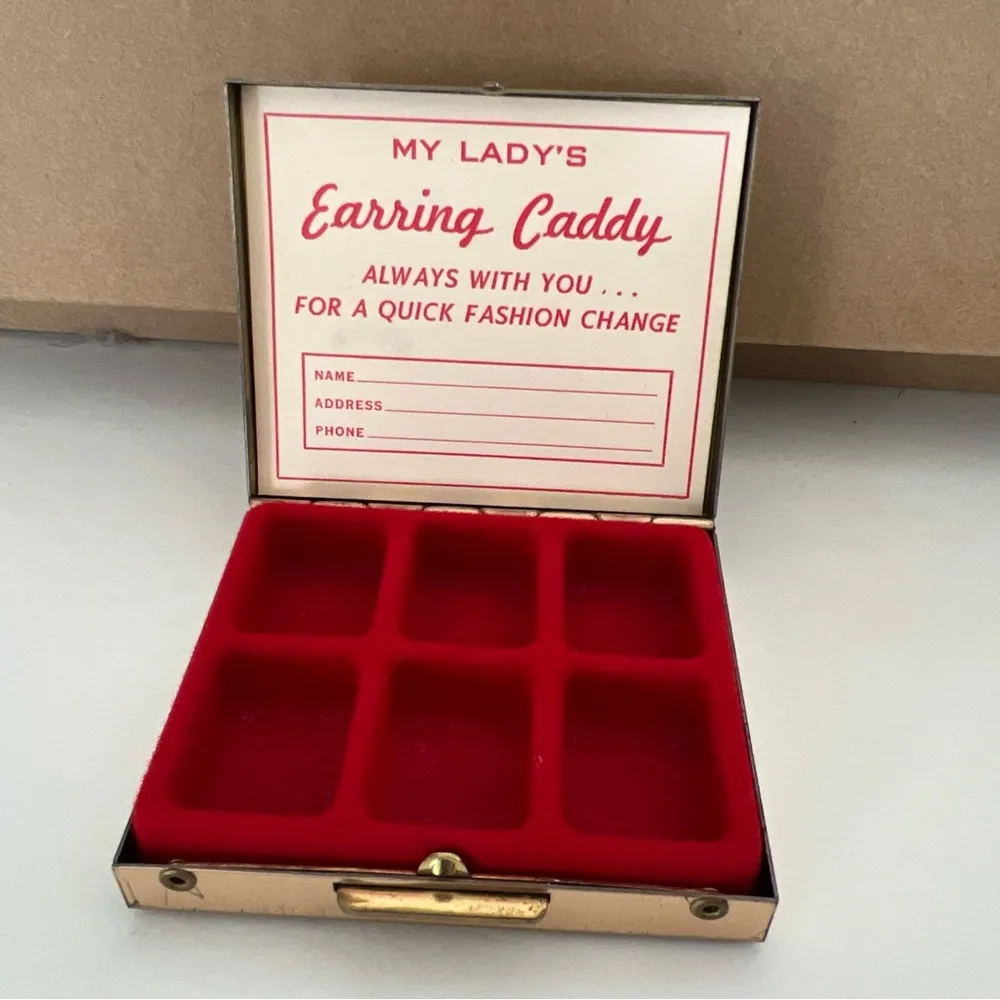 Vtg Gold Tone Pill Jewel Earring Box 1960 Red Inside Retro Old Hollywood Regency - Image 2