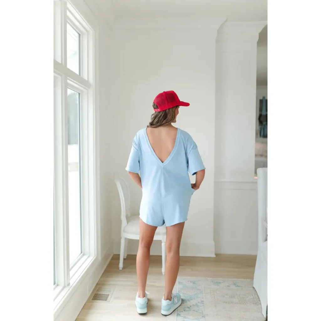 FREE PEOPLE Movement Hot Shot Printed Tee Romper in Steel Size Large NWT Blue - Image 3