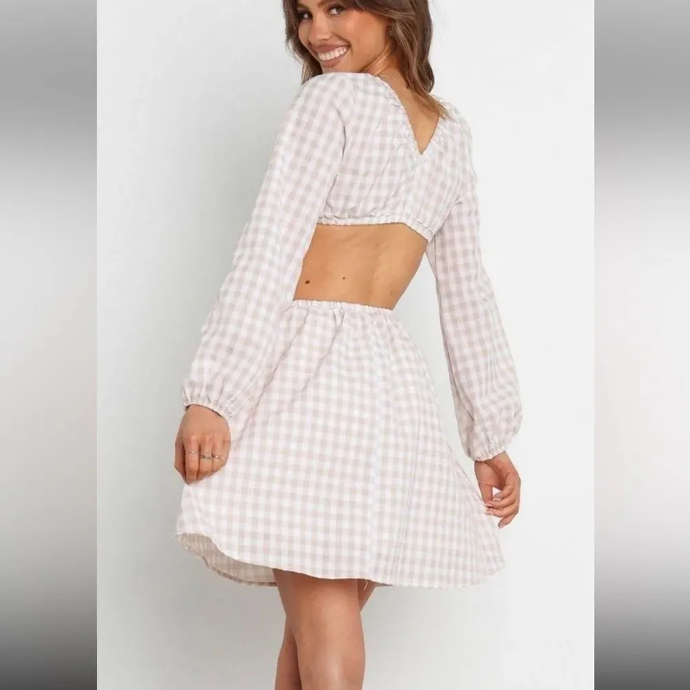 Petal & Pup Beige Cut Out Gingham Dress 100% Cotton Mini Puff Sleeves Size 4 - Image 3