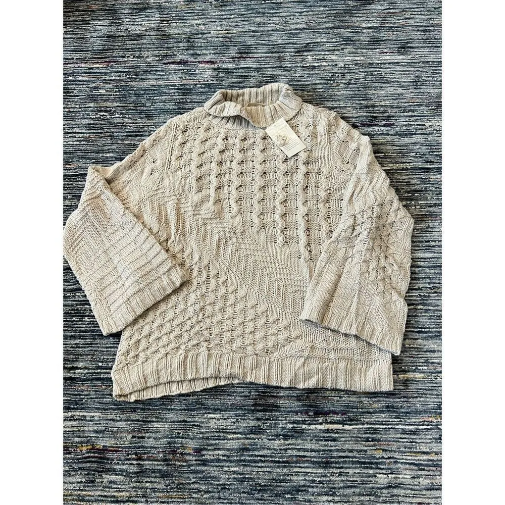 Soft Surroundings NWT Sweater Open Cable Knit Flare Sleeve Mock Neck sz L - Image 6