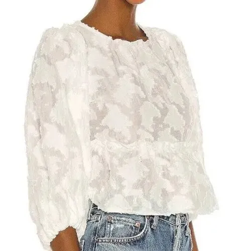 Free People Embroidered Puff Sleeve Peplum Top Ivory Boho Festival Size M Ruffle - Image 2