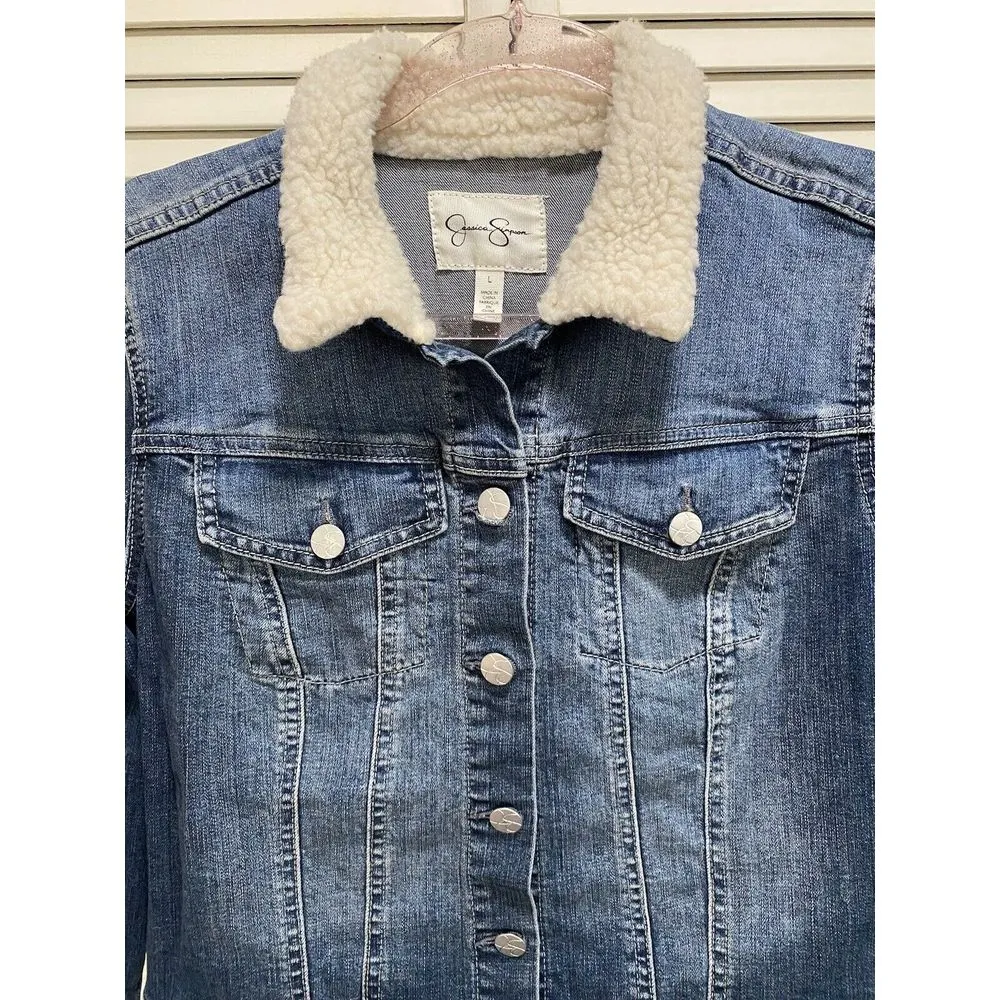 Jessica Simpson Trucker Jean Jacket‎ Sherpa Collar Button Up Size Large - Image 2