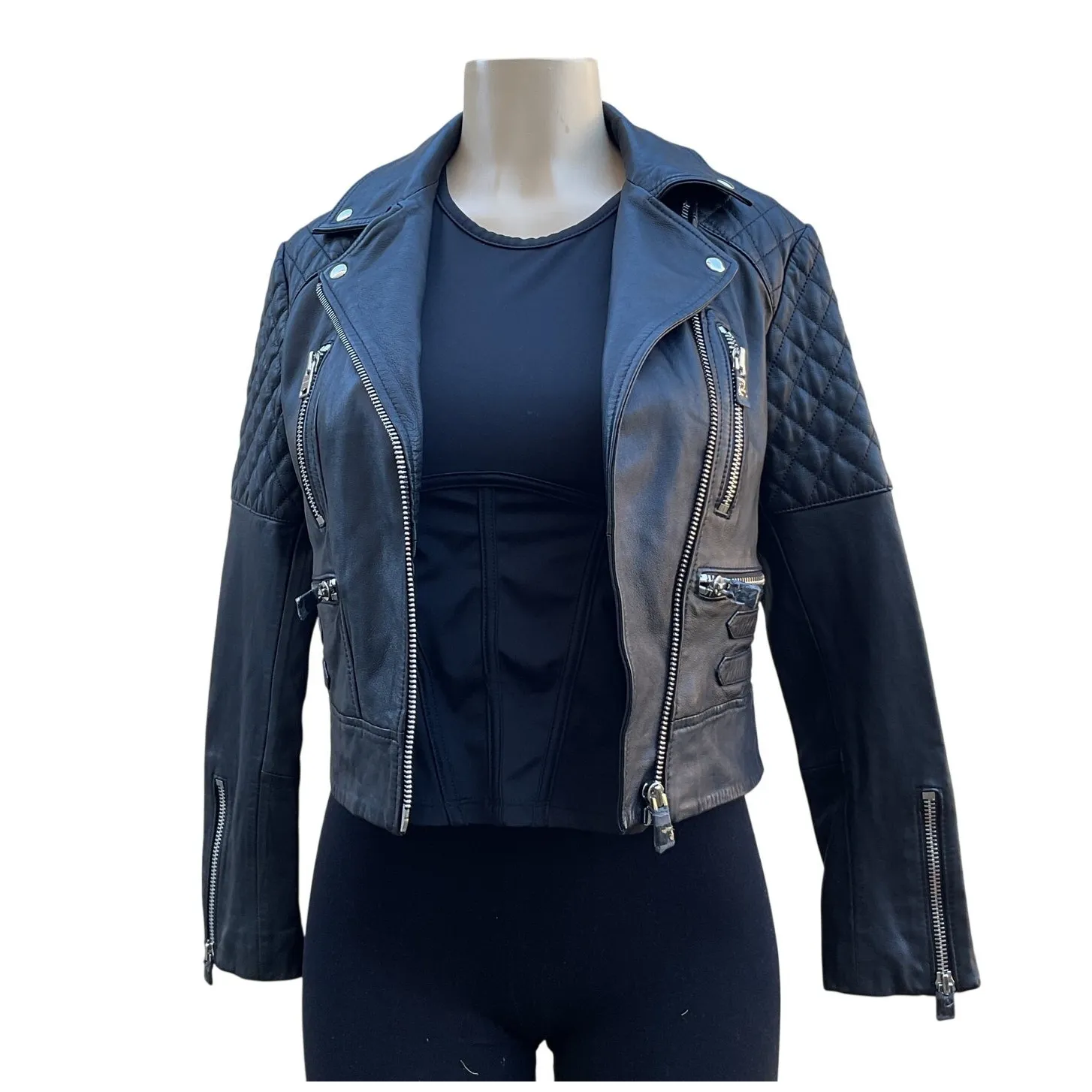 AllSaints Black Leather Moto Biker Jacket NWT Quilted Cropped Women US 2 - Image 2