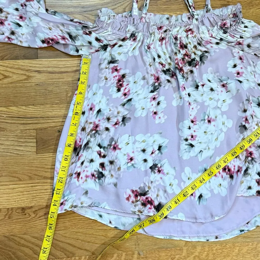 Parker Women’s XS Silk Purple Floral Print Off Shoulder Long Sleeve Shit Blouse - Image 3