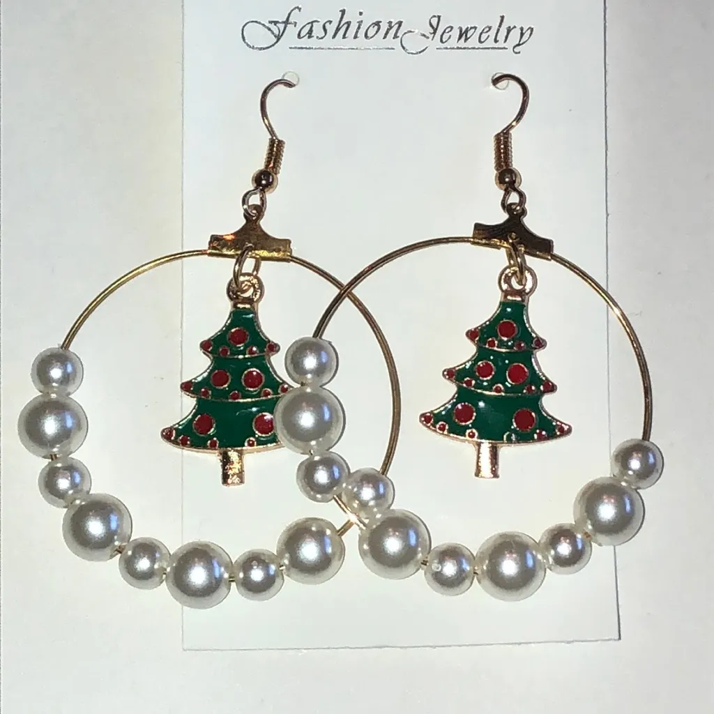 Gold Tone Faux Pearl Enamel Christmas Tree Festive Holiday Earrings - Image 2