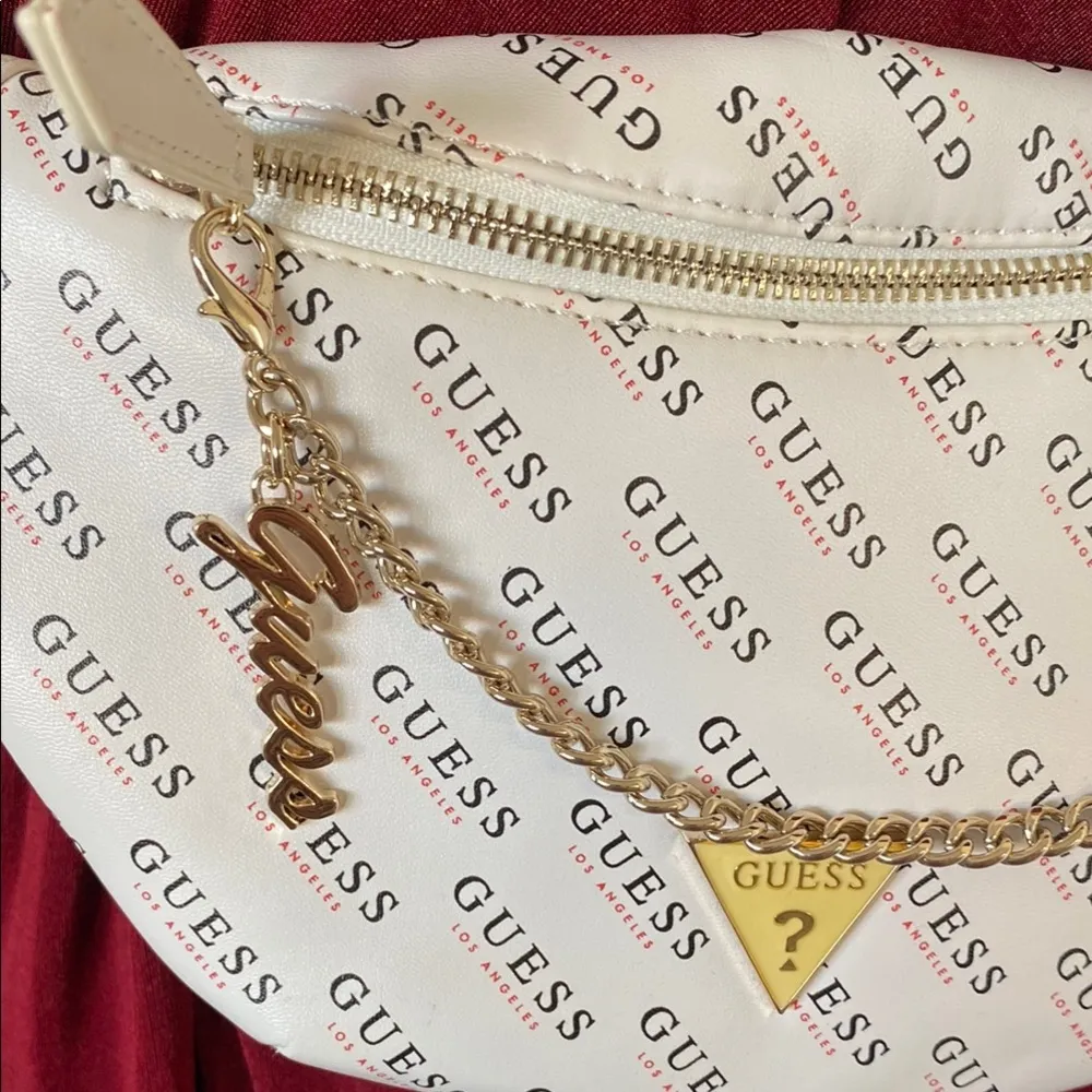 Guess White and Gold Crossbody Bag with Monogram Print - Image 3