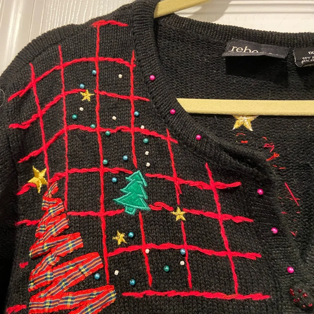 Rebecca Malone Size 1X Cotton Ramie Embellished Vintage Christmas Tree Cardigan - Image 5