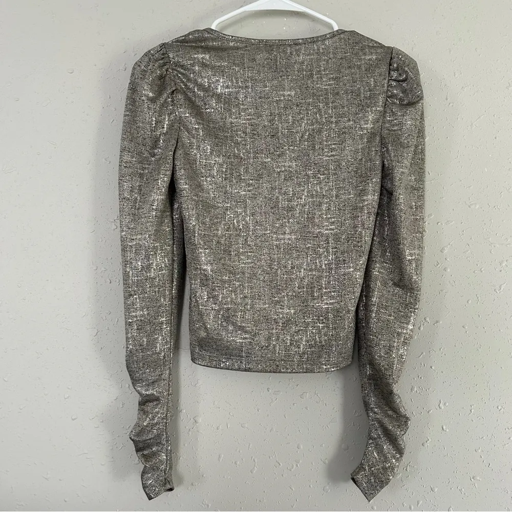 Rachel Zoe Gold Metallic Cinched Long Sleeve Party Formal Blouse XS - Image 4