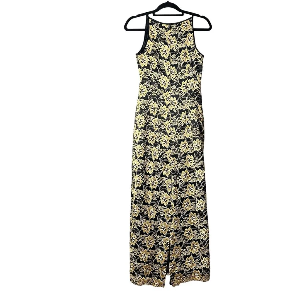 VINTAGE Jessica Mcclintock Dress Womens 6 Gold Black Sleeveless Maxi Made USA - Image 2
