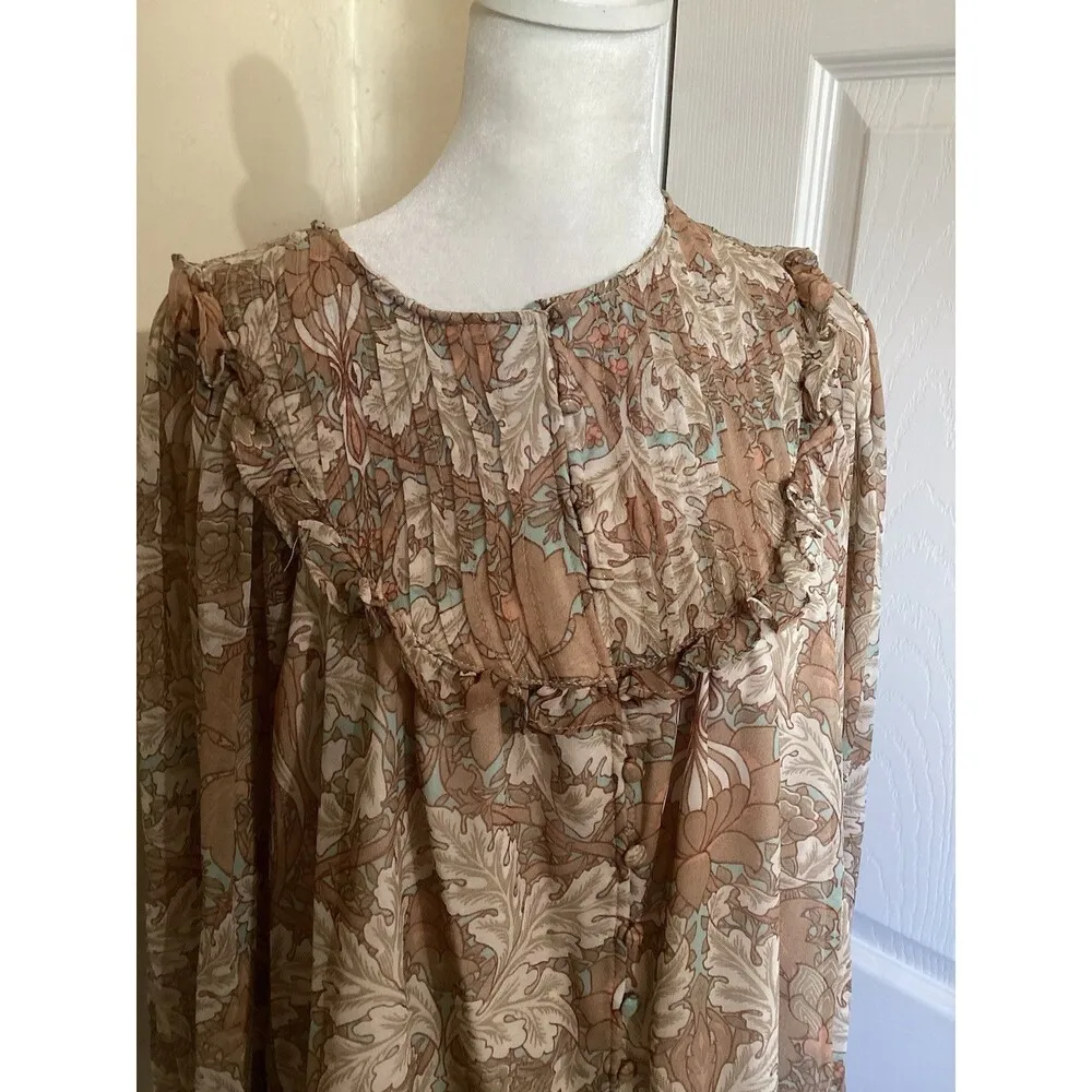 Bishop & Young Tan Floral Sheer Long Sleeve Blouse Boho Peasant S - Image 2